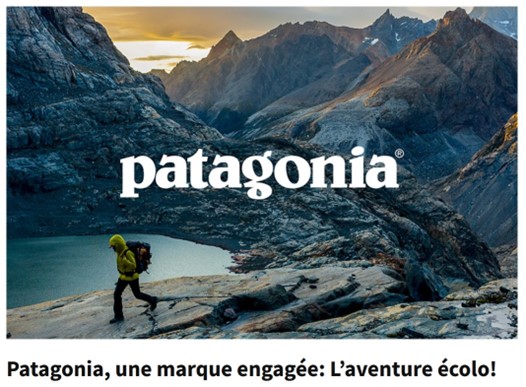 Personne en randonnée dans un paysage montagneux avec le logo Patagonia, illustrant l’engagement écologique de la marque et son lien avec l’aventure durable.