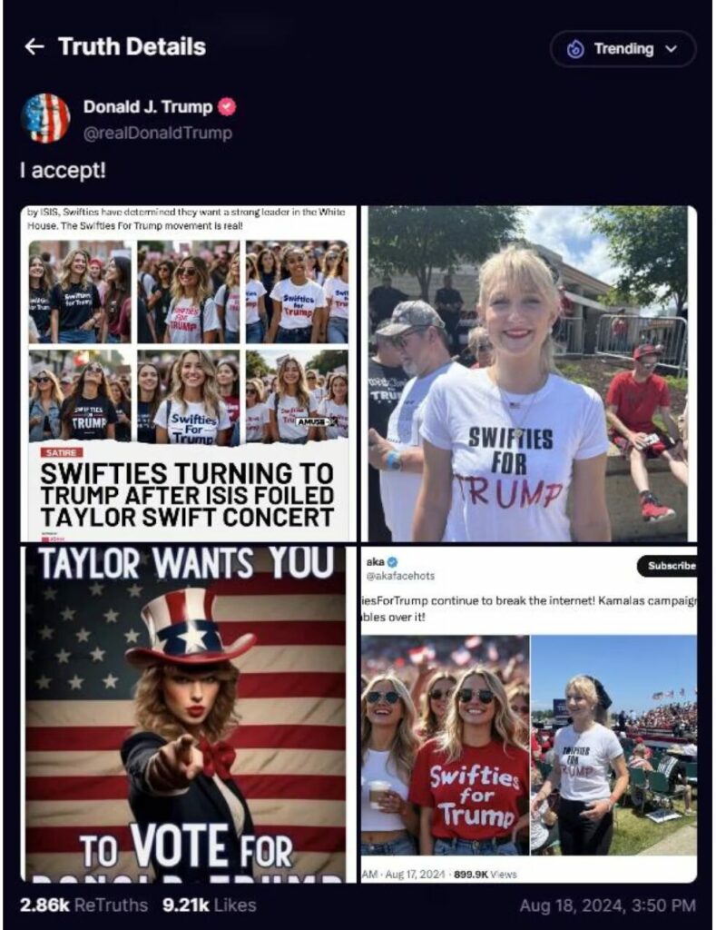 Publication de Donald Trump sur Truth Social contenant des images deepfake ou hypertrucage, généré par l'intelligence artificielle, de partisans de Taylor Swift, alias les Swifties, apportent un soutien politique à Donald Trump.