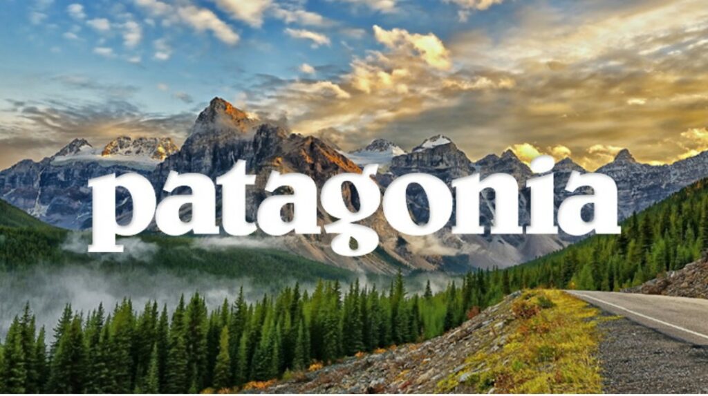 Logo Patagonia sur fond de montagnes majestueuses et forêt de conifères, illustrant l’engagement de la marque pour la nature et l’aventure durable.