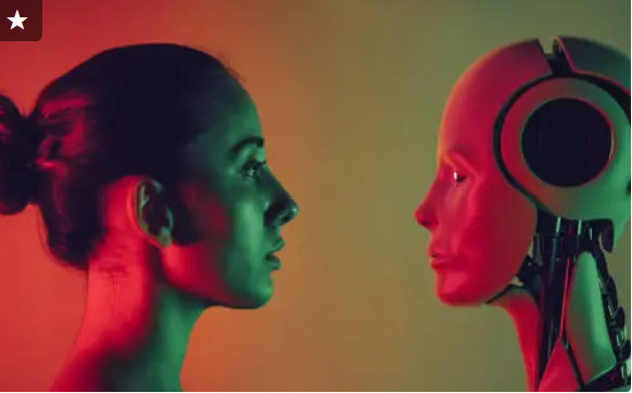 Robot and young woman face to face