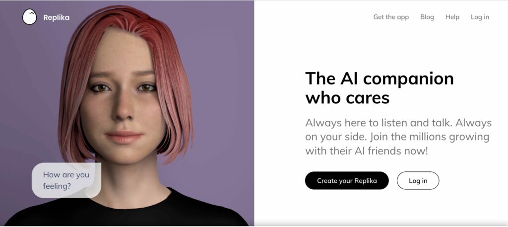 Application Replika.AI montre un visage triste, texte ; the AI compagnon who care