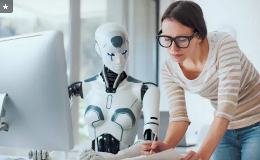 Woman and AI robot working together in the office, automation and technology concept
