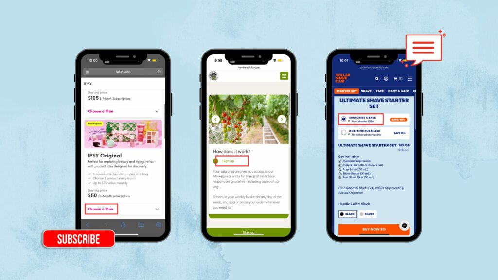 Trois iPhones avec des modèles d'abonnement chez Ipsy, Lufa Farms et Dollar Shave Club.