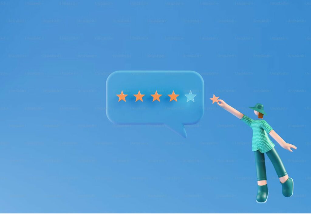 Illustration d’une personne ajoutant une étoile à une évaluation client de 4 sur 5, symbolisant l’amélioration de l’expérience client.