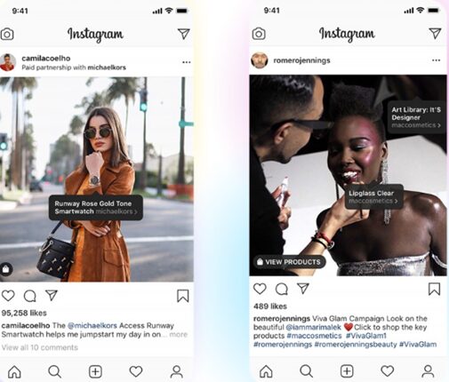 Publications sponsorisées d’influenceurs avec tags produits sur Instagram.