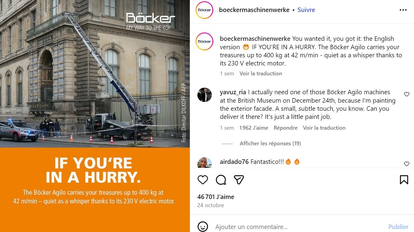 Contenu à propos des camions monte-charge Böcker suite au cambriolage du Louvre "Si vous êtes pressés, le Böcker transporte jusqu'à 400kg de trésors"