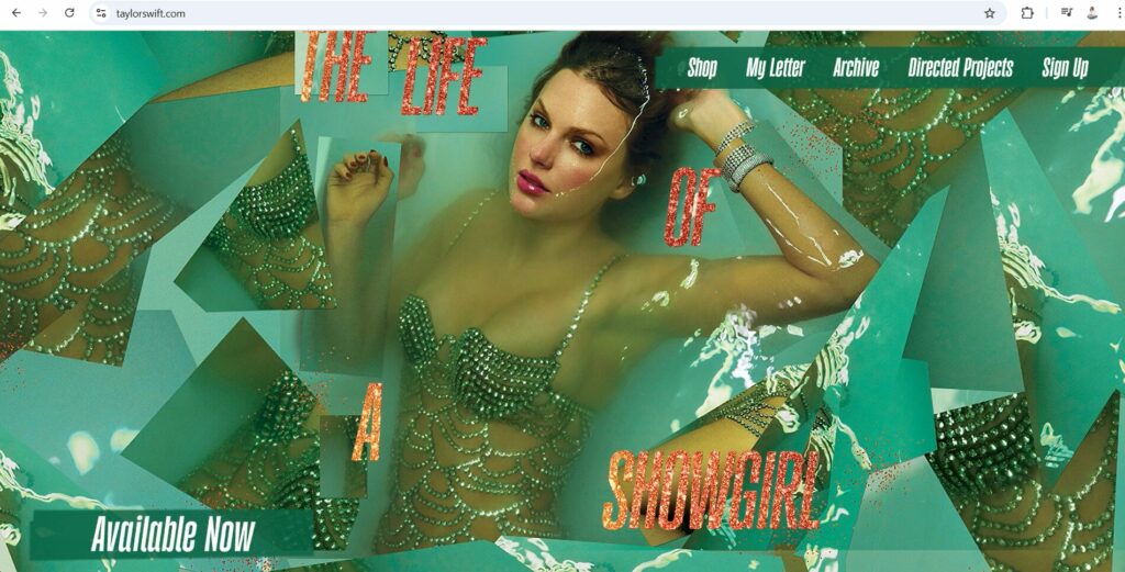 Taylor Swift album promotion on her landing page