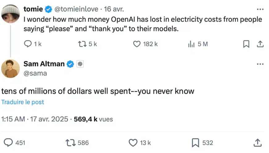 Officialisation par le PDG de OpenAi sur X (anciennement Twitter) des impacts liés à l'ajout de formules de politesse par les utilisateurs.