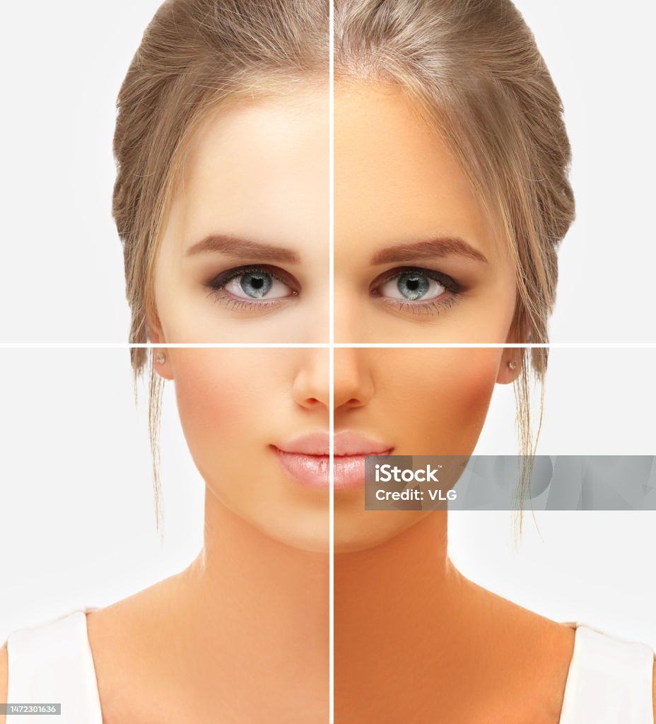 AI personalization in beauty industry: facial skin tone comparison concept.