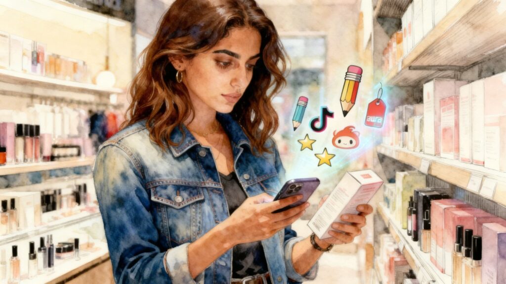 Illustration du concept de Search Everywhere et du Messy Middle dans le secteur de la beauté : une femme utilise son smartphone pour comparer des produits avec des icônes holographiques.
