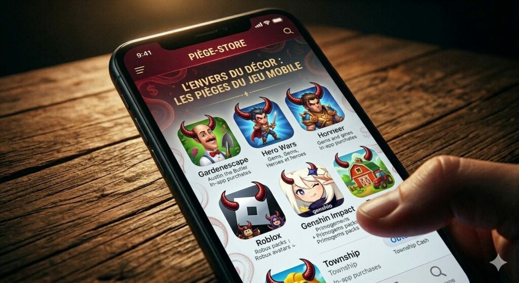 Publicité trompeuse jeux mobiles - illustration marketing numérique non éthique