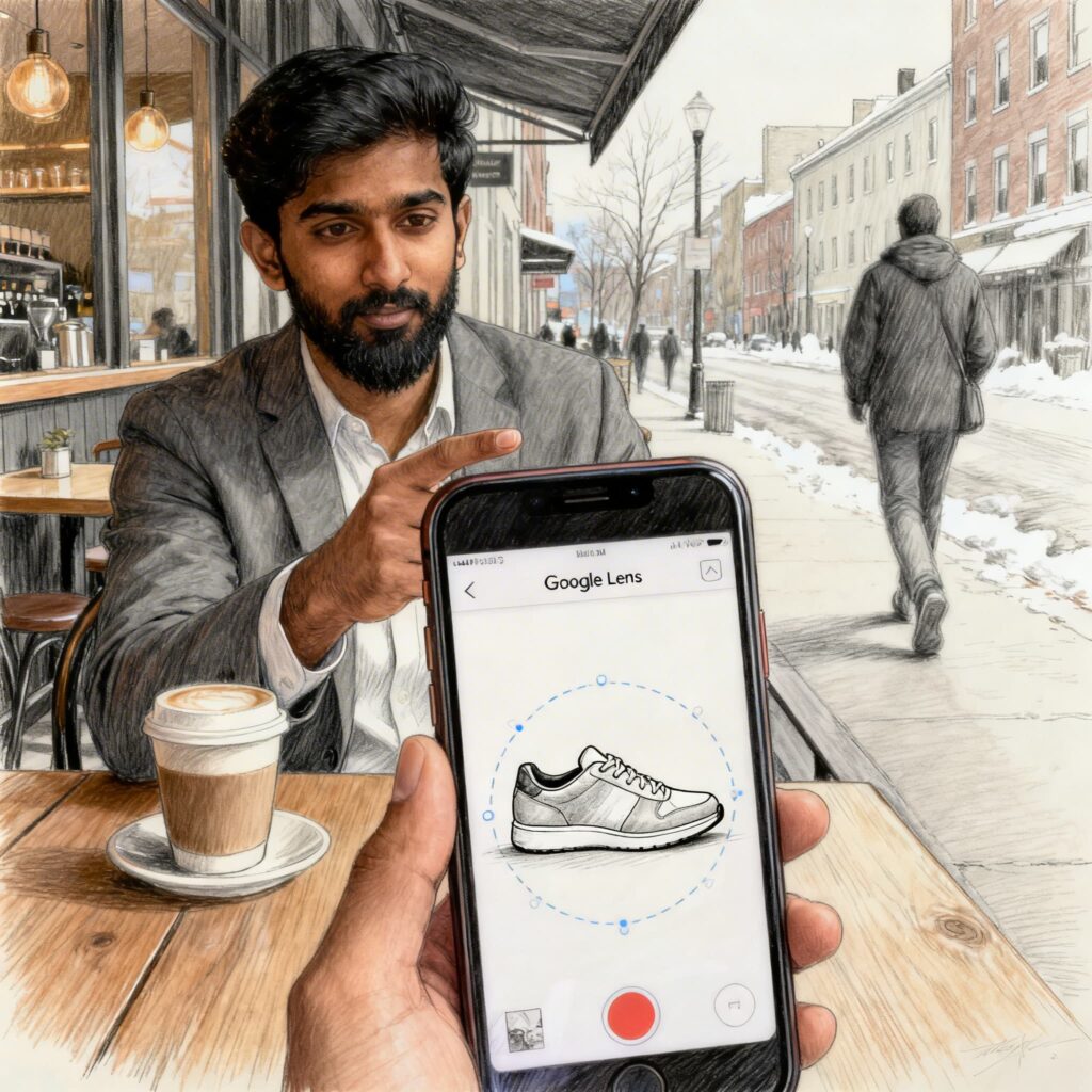 Homme utilisant l'application Google Lens sur son smartphone pour identifier un produit via la recherche visuelle dans une rue commerçante.
