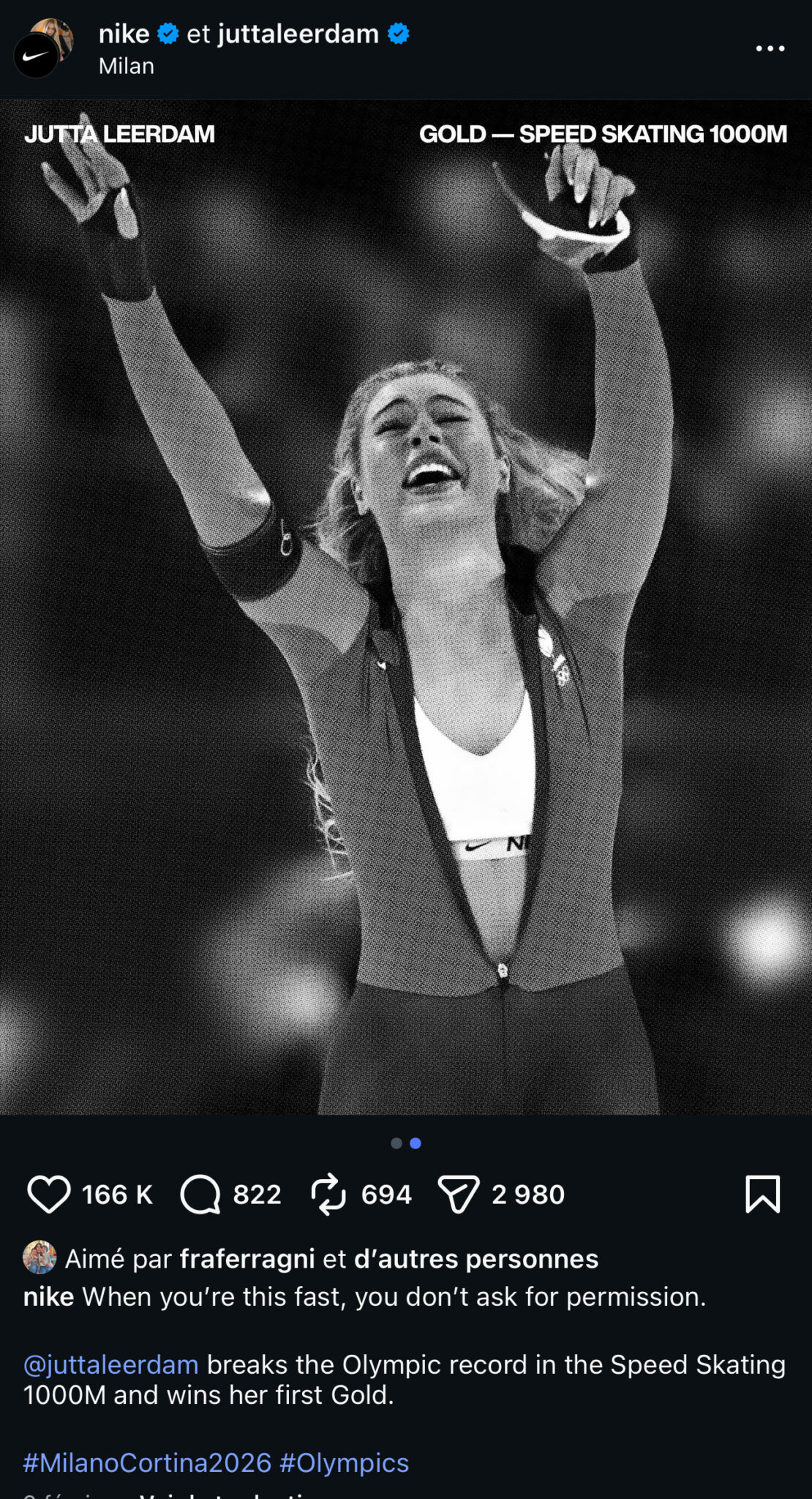 Exemple de marketing d’influence sur Instagram : la patineuse Jutta Leerdam associée à la marque Nike.