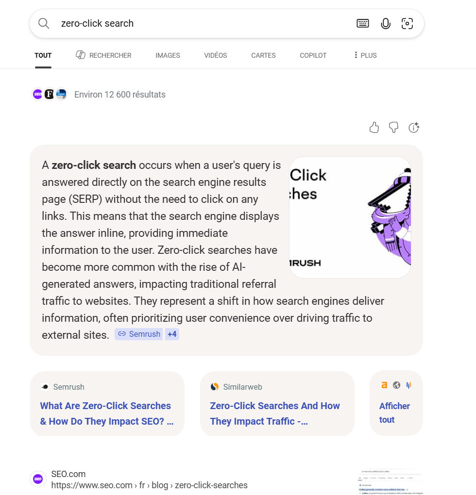 Conceptual digital marketing image showing a user interface doing a search and where a AI generated anwser is given.