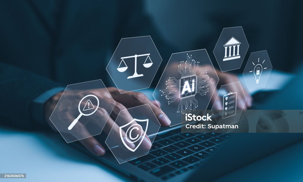 Hands typing on laptop with digital icons for AI, ethics, legal standards, and regulatory compliance representing governance