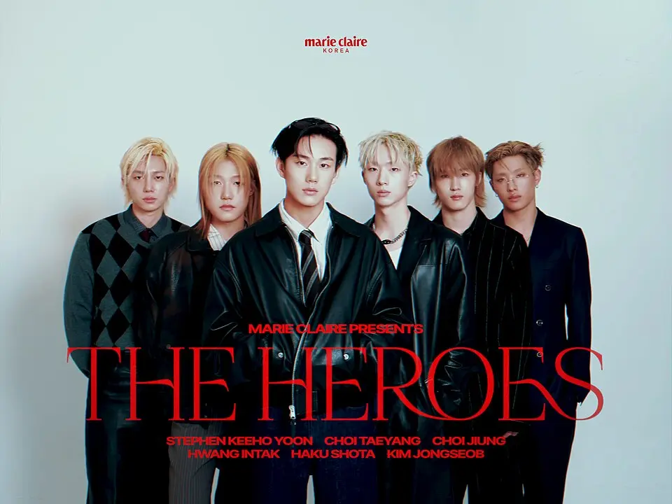 Membres du groupe k-pop P1harmony au concept de héros lors photo promotion