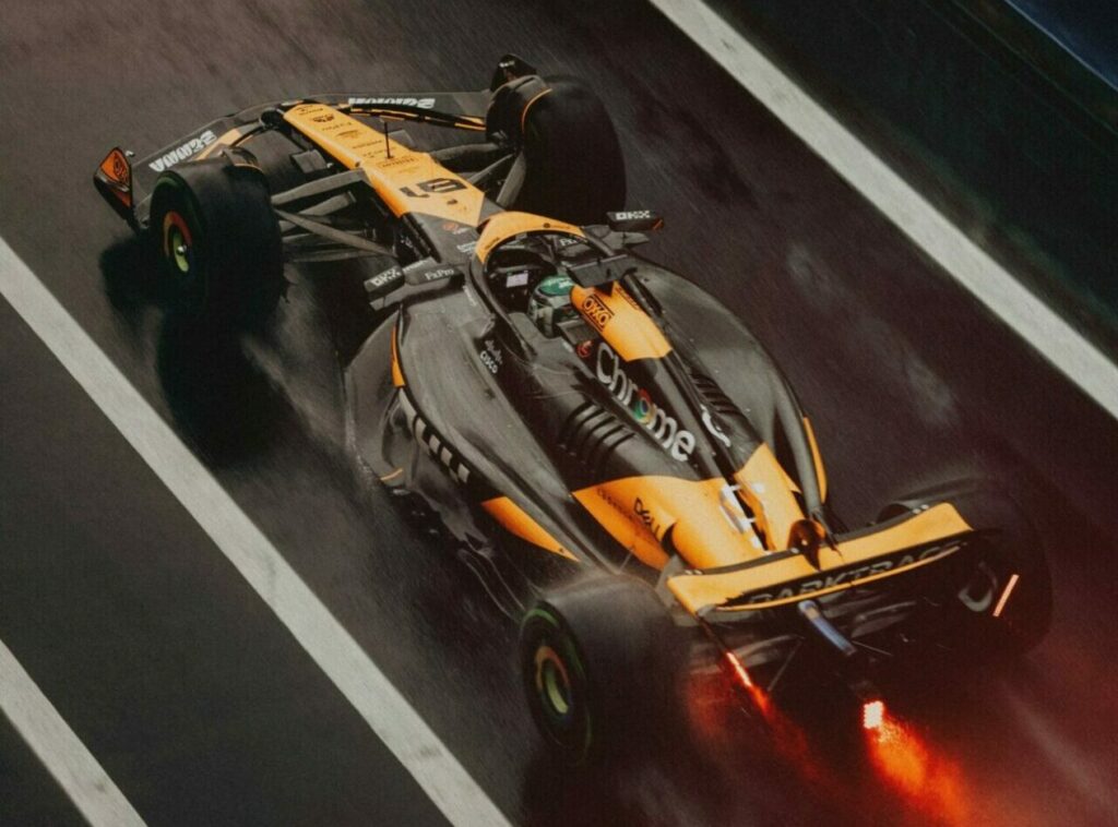 Formula 1 car driving in the rain