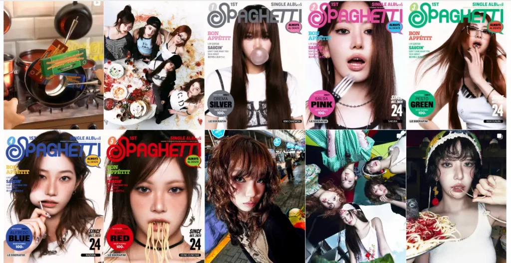 Publications du girl group LESSERAFIM sur le thème des spaghettis avec photos style magazine et graphismes colorés 